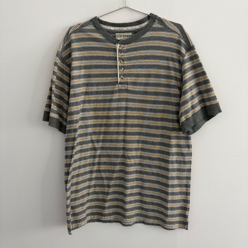 Arizona Jean Company Mens Henley Shirt Gray Yellow Striped Short Sleeve Size M
